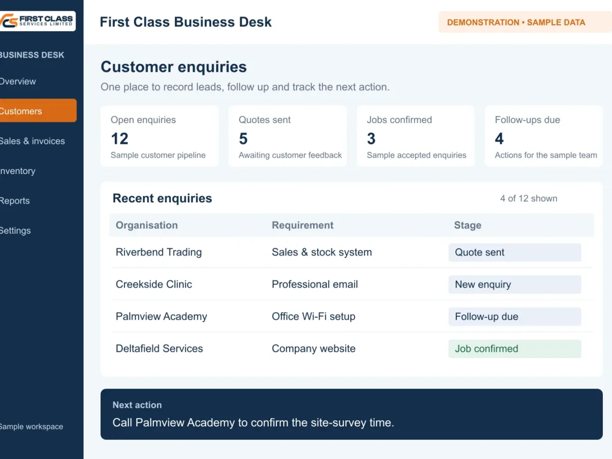 Screen showing customer enquiries, contacts and follow-up status