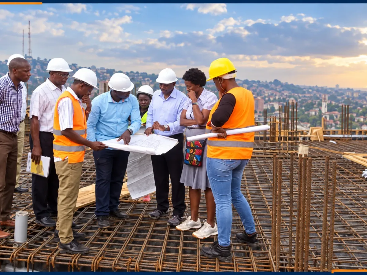 Engineers and supervisors in hard hats reviewing drawings on a construction site