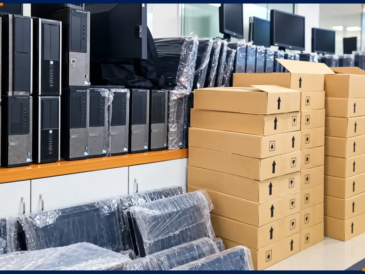 Desktop computers, monitors and boxed IT equipment prepared for supply