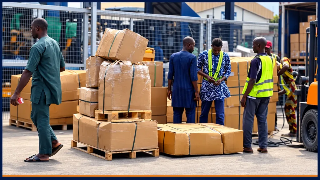 Workers loading palletised cargo for delivery at a logistics yard