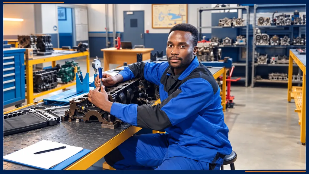 An engineer assembling mechanical components at a workshop bench