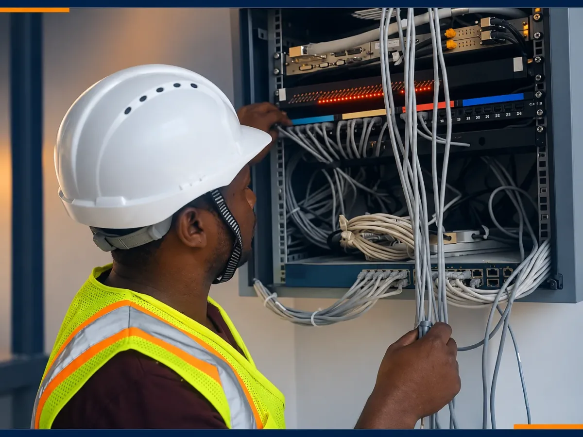 A technician in a hard hat patching cabling into a network rack