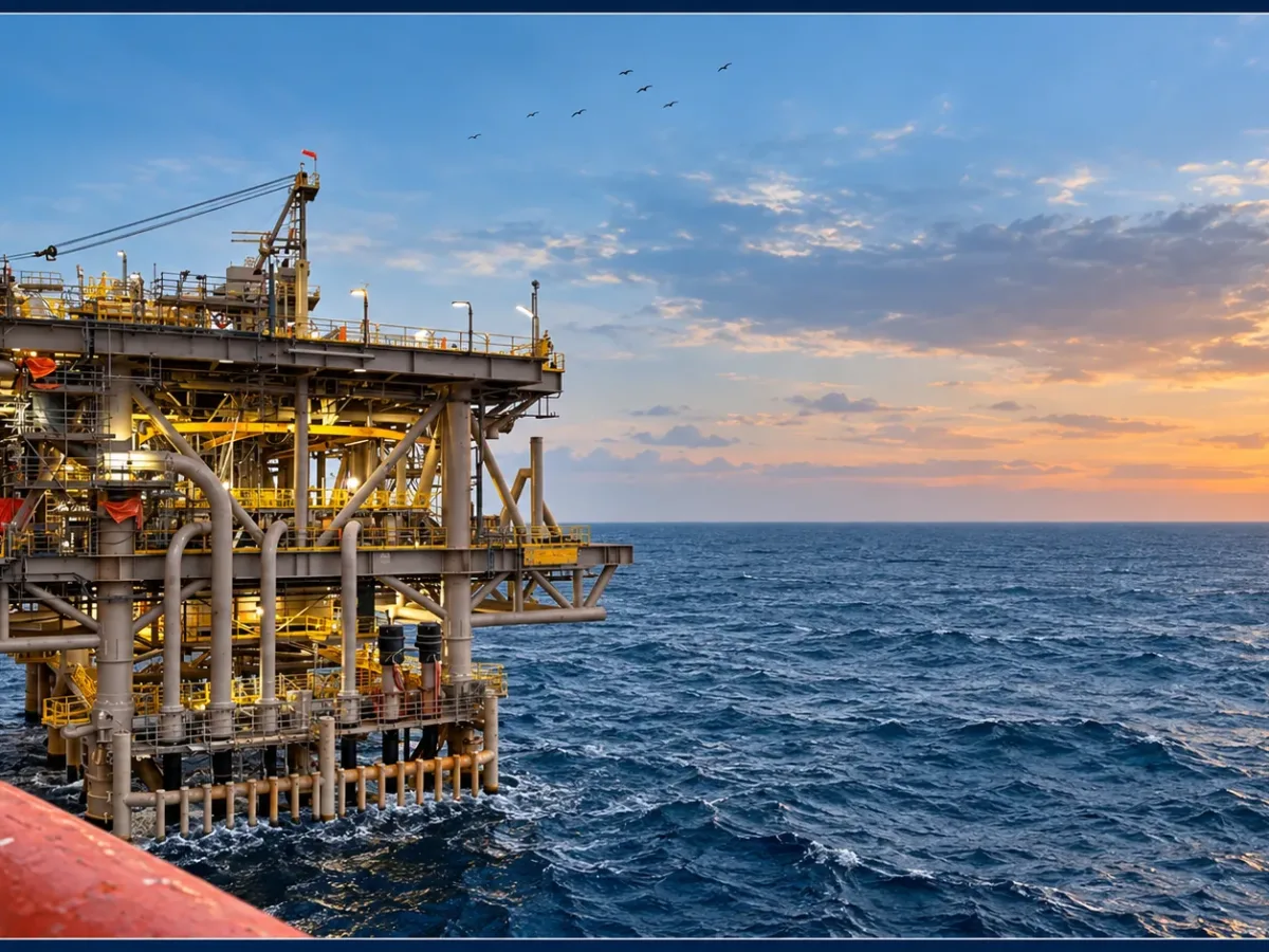 An offshore oil and gas platform at sunset