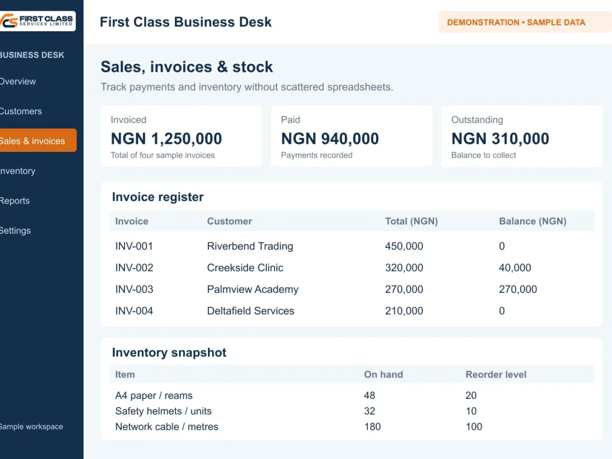 Screen showing product stock levels and recent sales activity